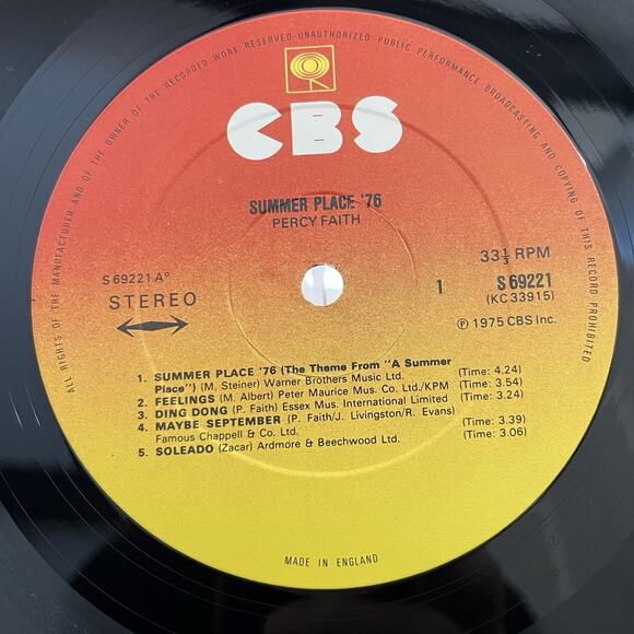 Percy Faith Summer Place '76 Vinyl LP 1975 CBS S 69221 - Picture 3 of 7